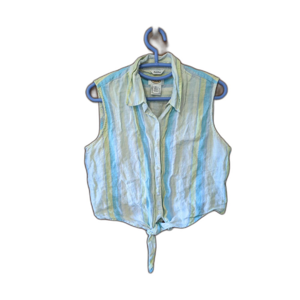 Talbots Tie Front Camp Shirt Crop Top Irish Linen Pastel Blue Stripe  M Coquette